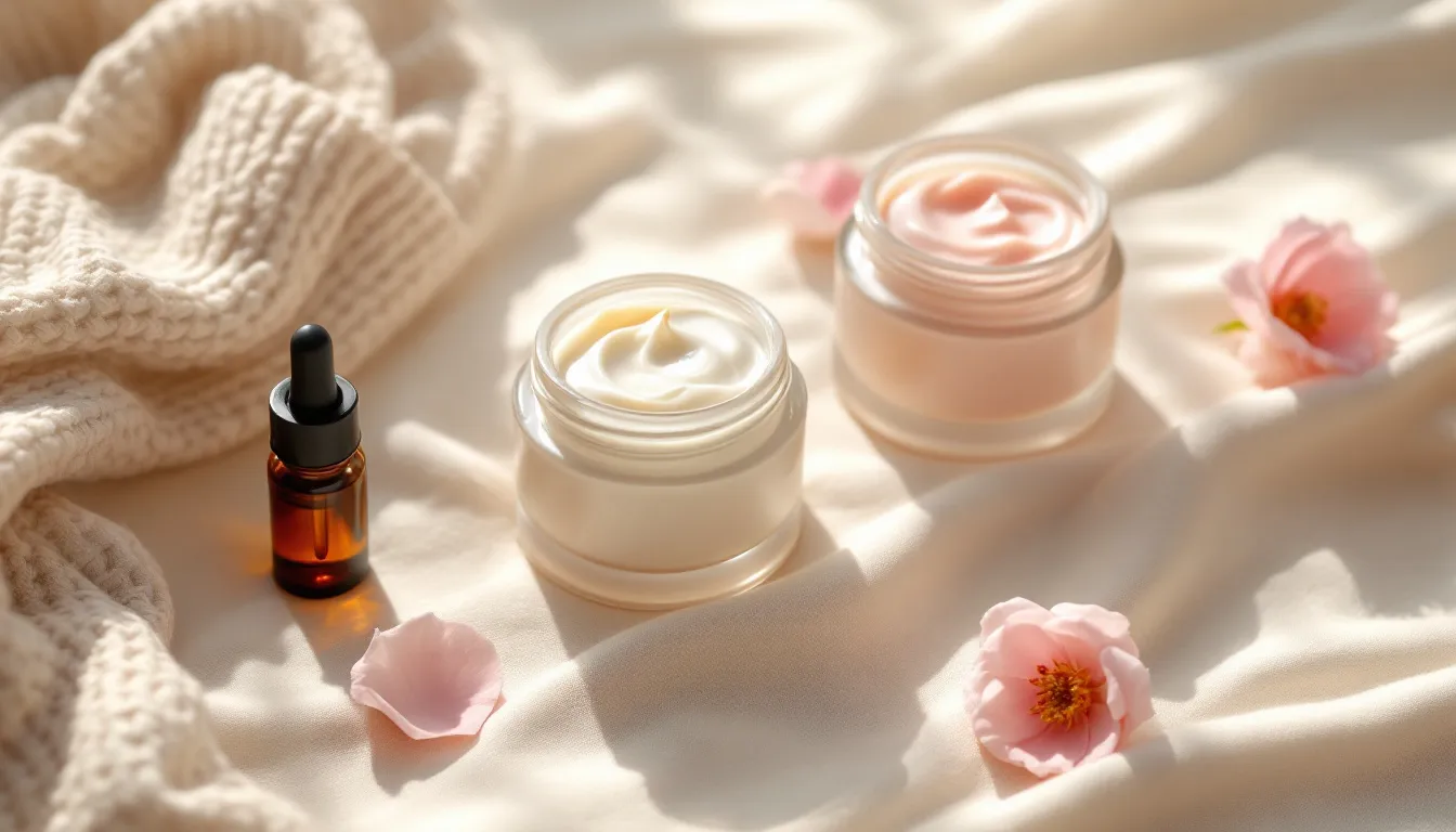 Cremetiegel, ein Pipettenfläschchen und Rosenblüten auf cremefarbenem Leinen