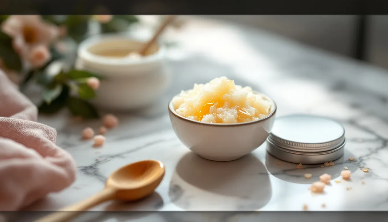 Schale mit Zucker-Lippenpeeling, Holzlöffel und Lippenbalsam-Dose auf Marmor