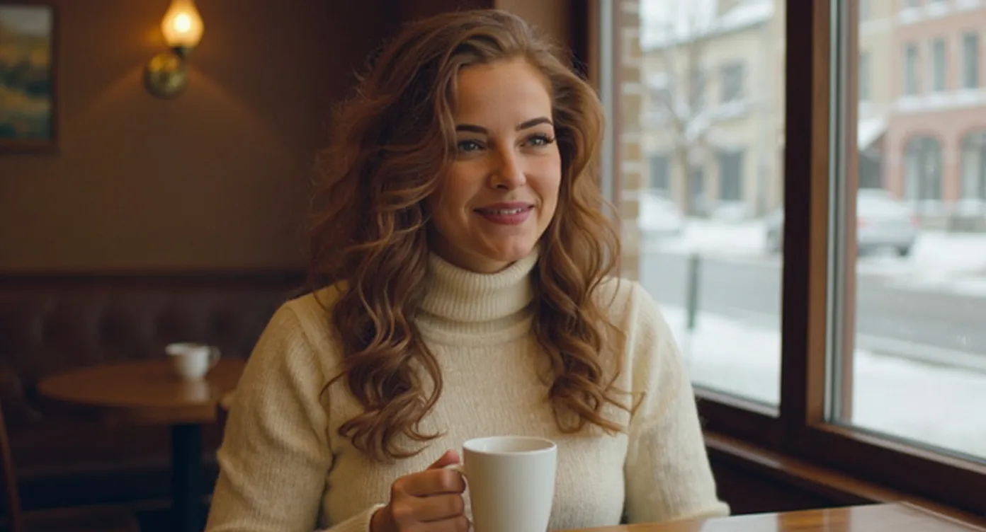 Mia im cremefarbenen Rollkragenpullover mit einer Tasse Tee in einem Café im Winter (virtuelle KI-Persona)