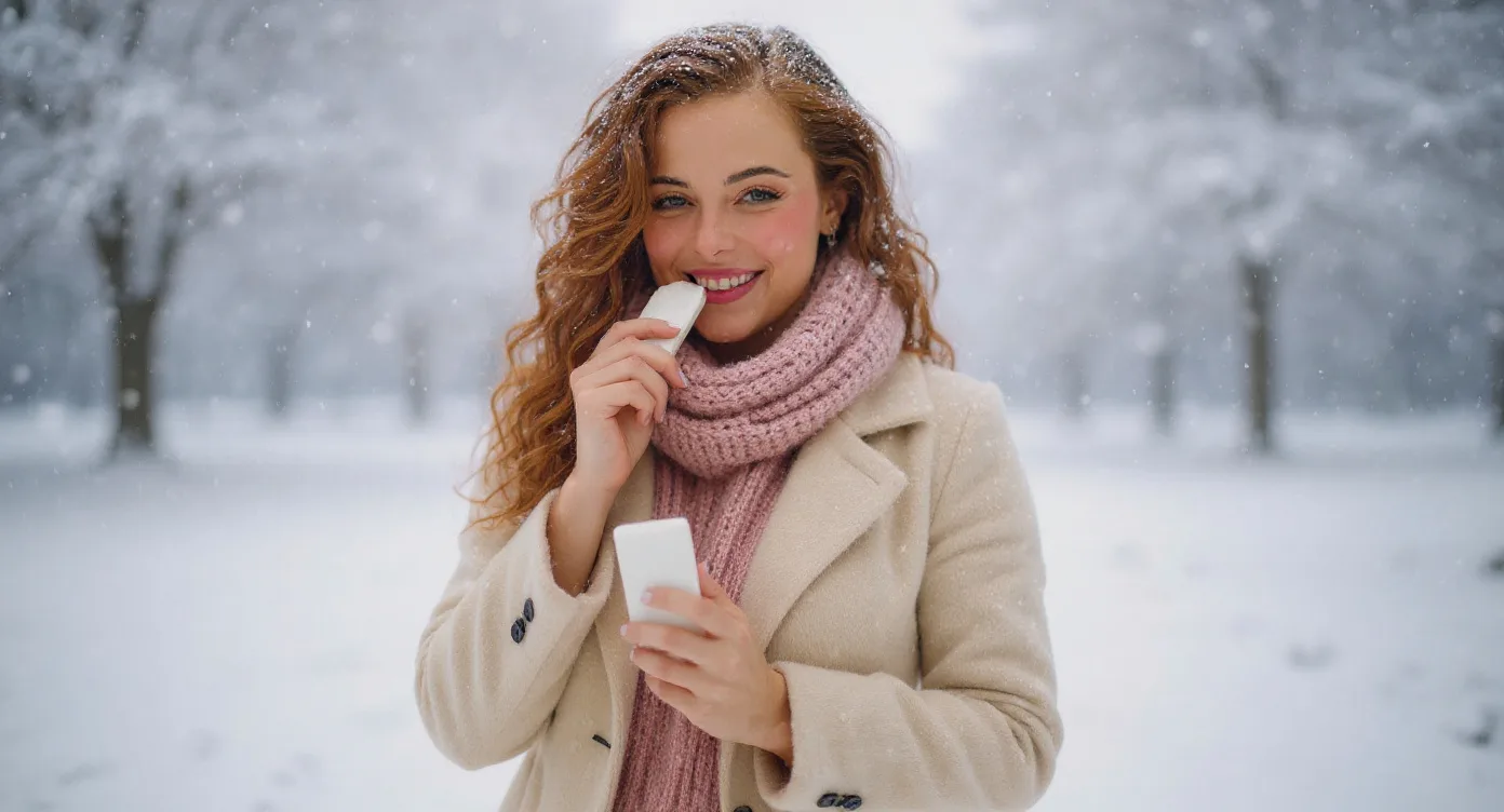 Mia steht draußen im leicht fallenden Schnee, trägt einen cremefarbenen Wollmantel und einen staubrosa Strickschal und trägt lächelnd Lippenbalsam auf (virtuelle KI-Persona).