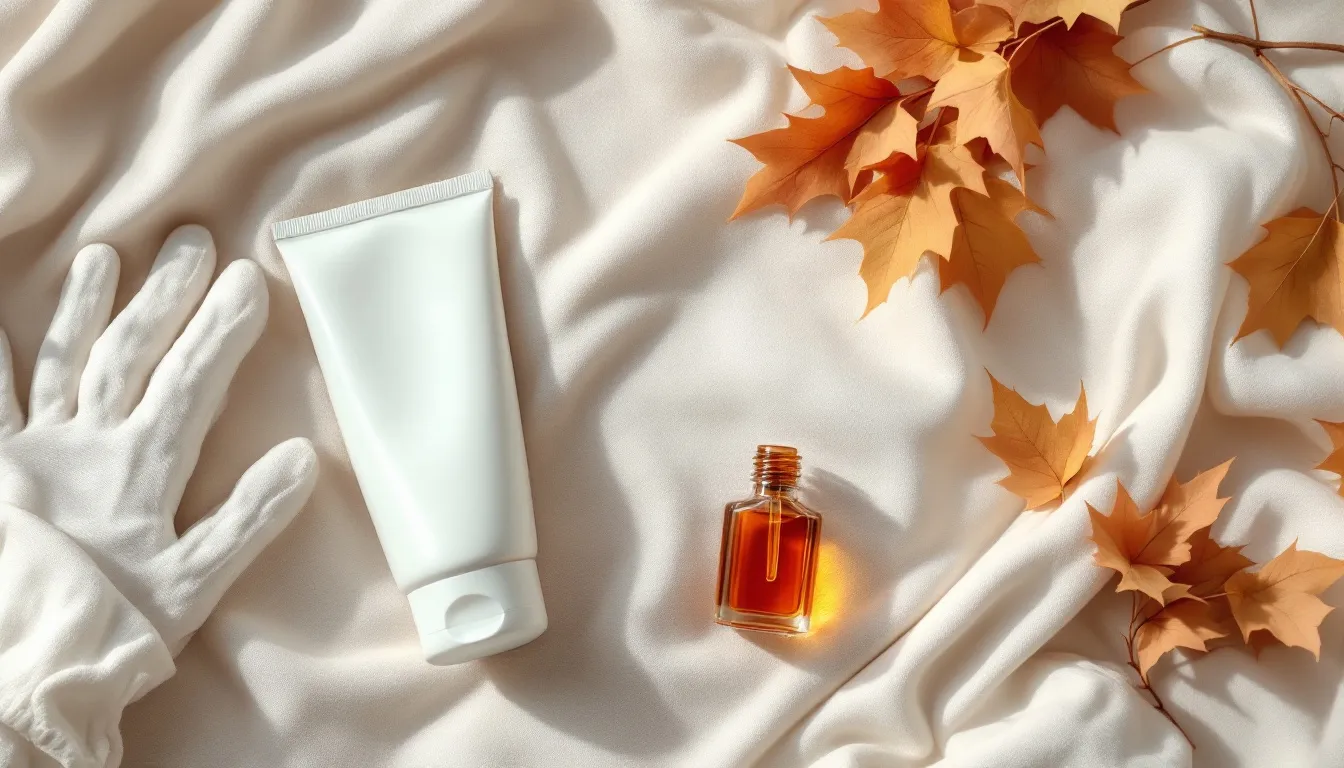 Handcreme, weiße Baumwollhandschuhe und Nagelöl zwischen Herbstblättern