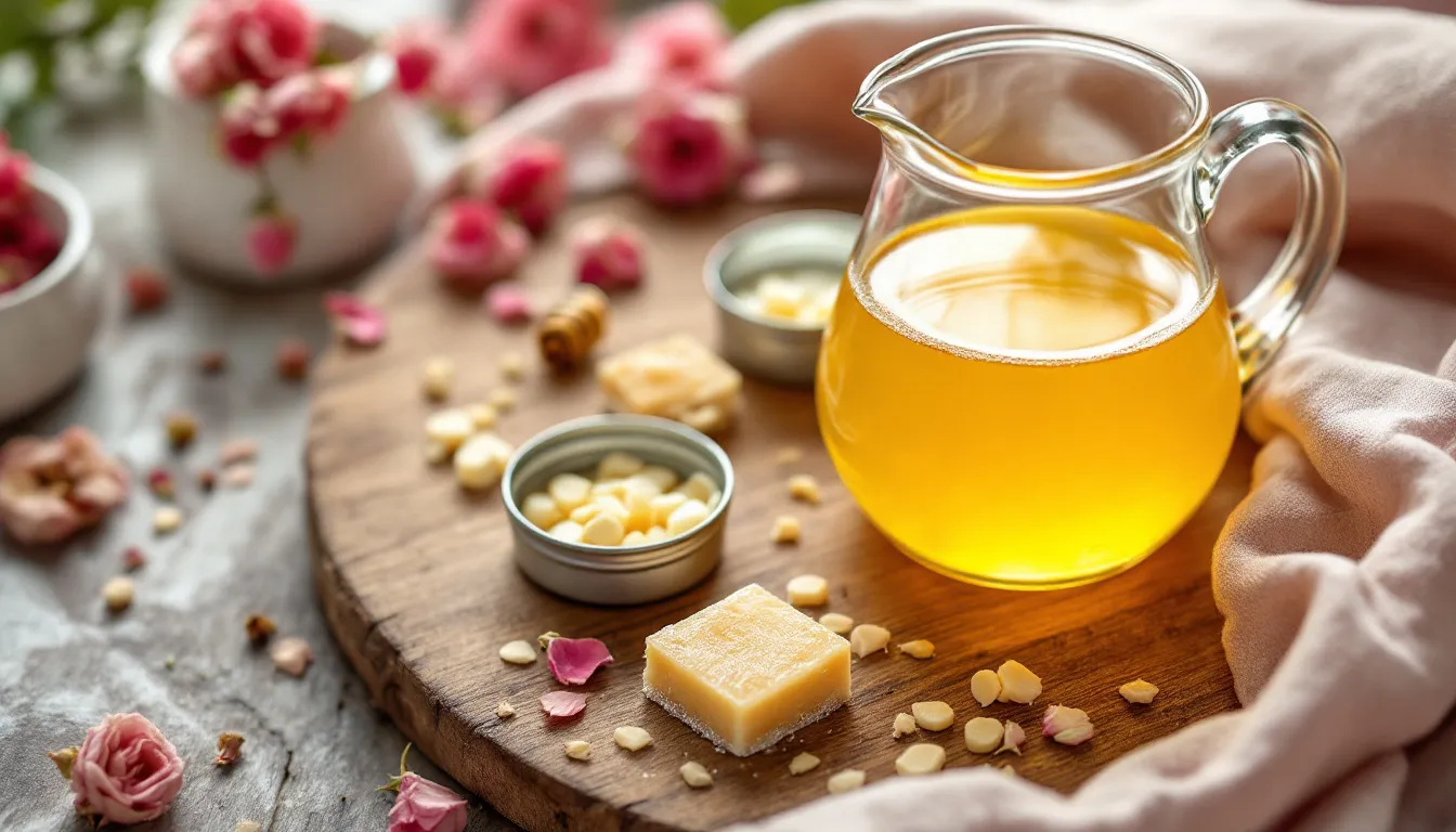 Geschmolzenes Bienenwachs im Glaskrug, Aluminiumdöschen und Rosenblüten auf einem Holzbrett