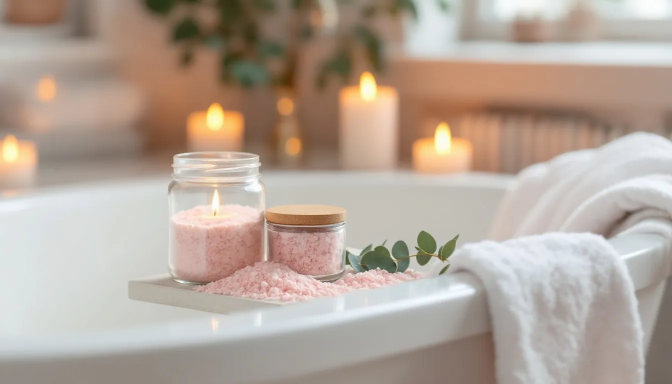 Badesalz im Glas, Kerzen und ein Handtuch am Rand einer Badewanne