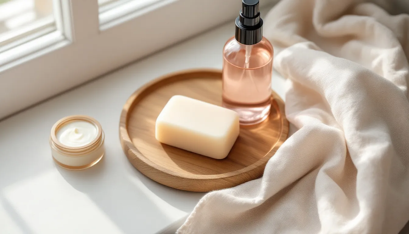 Naturseife auf einer Holzschale, Rosenwasser-Spray und ein Cremetiegel im Badregal
