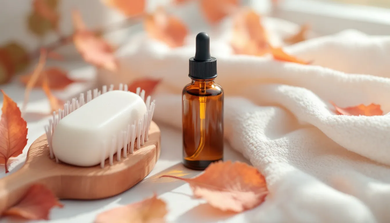 Holzbürste, festes Shampoo und ein Fläschchen Haaröl zwischen Herbstlaub