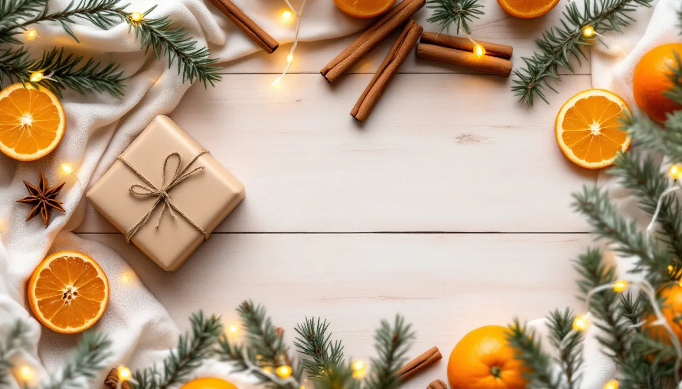 In Kraftpapier verpackte Naturkosmetik-Geschenke mit Orangenscheiben, Zimt und Tannenzweigen