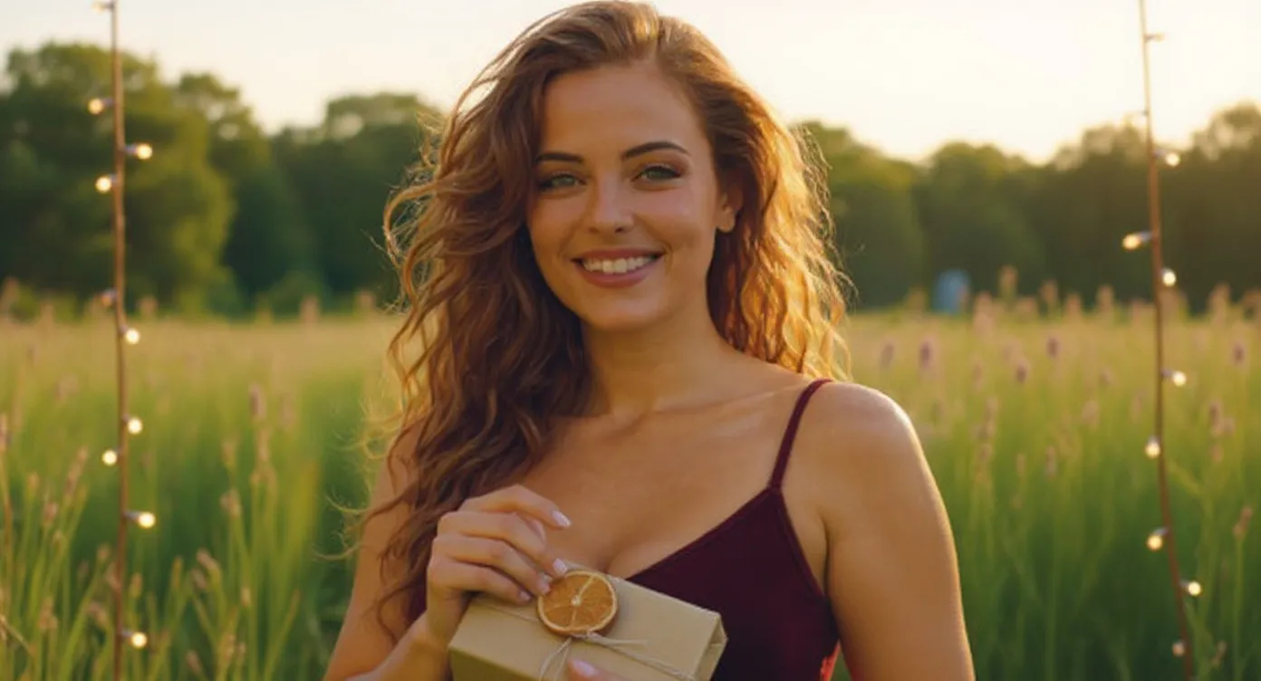 Mia mit einem in Kraftpapier verpackten Geschenk unter Lichterketten (virtuelle KI-Persona)