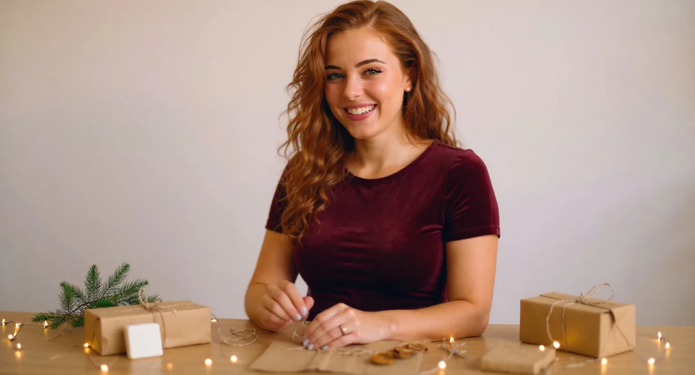 Mia sitzt an einem Tisch und verpackt kleine Naturkosmetik-Geschenke in Kraftpapier mit Kordel und getrockneten Orangenscheiben (virtuelle KI-Persona)
