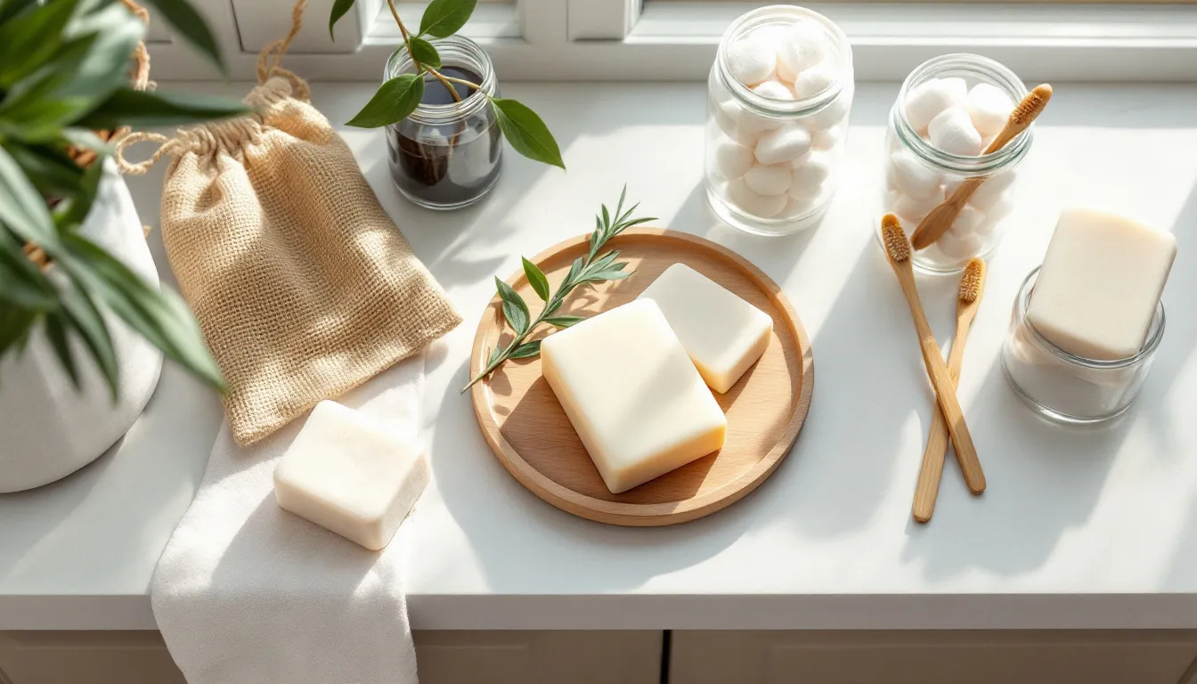 Feste Shampoos, Seife auf Holzschale, Bambuszahnbürsten und Gläser im Badregal