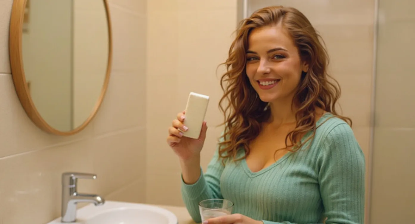 Mia stellt im Bad eine Bambuszahnbürste in ein Glas (virtuelle KI-Persona)