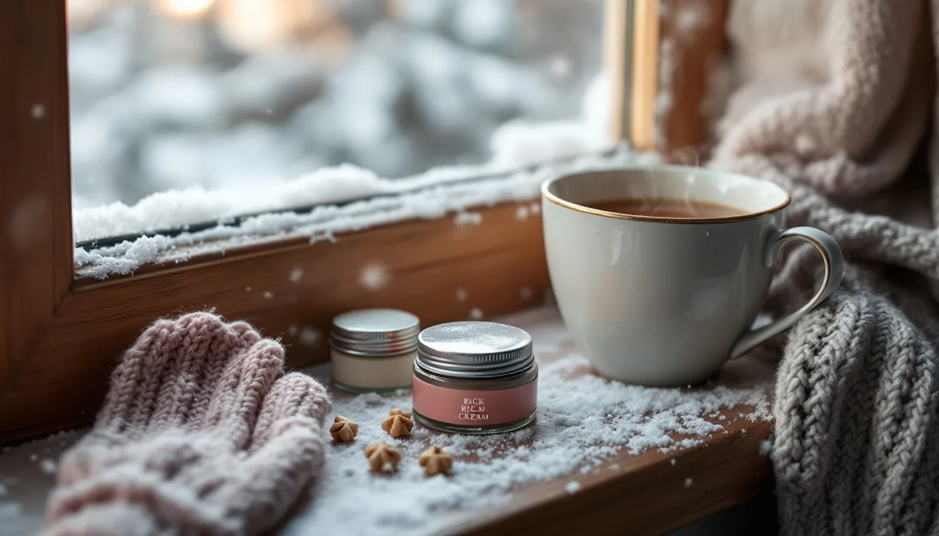 Cremetiegel, Lippenbalsam, Strickhandschuhe und eine Tasse Tee auf einer verschneiten Fensterbank