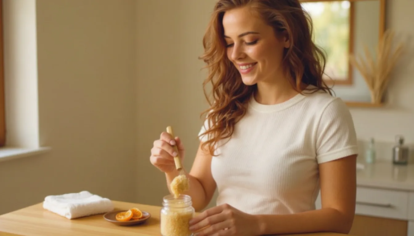 Mia schöpft an einer Holzablage selbstgemachtes Zuckerpeeling aus einem Glas (virtuelle KI-Persona)