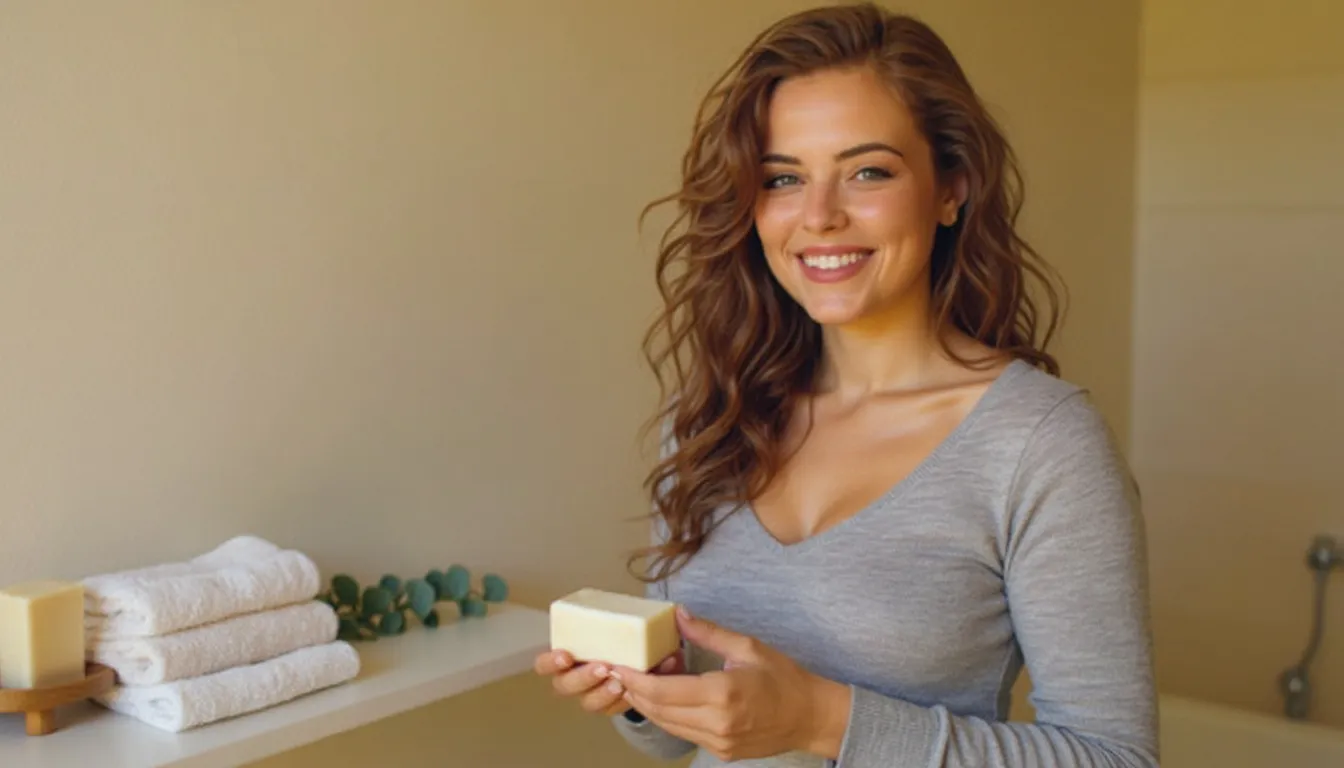 Mia hält lächelnd ein Stück Naturseife auf einer Holzschale in der Hand, im Hintergrund liegt ein gefaltetes Handtuch bereit (virtuelle KI-Persona)
