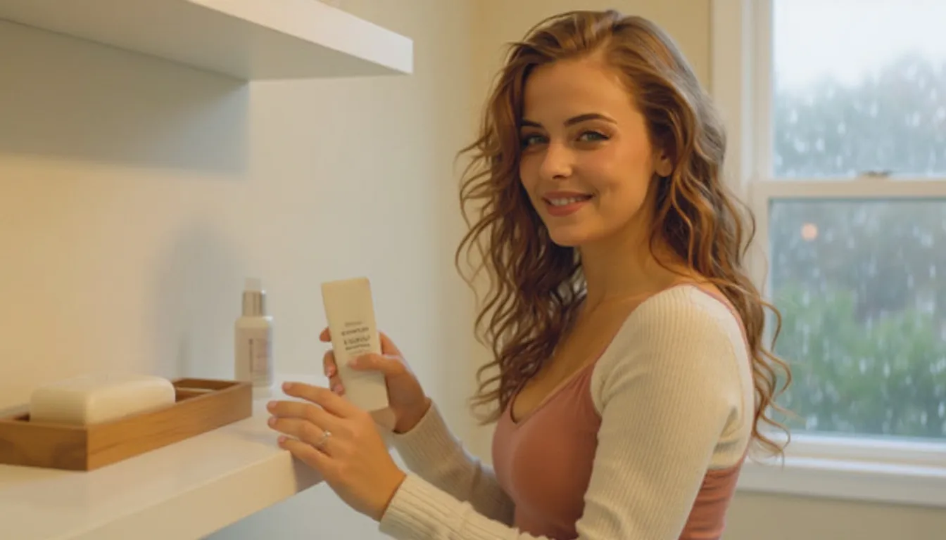 Mia steht in cremefarbenem Pullover an einem Badezimmerregal und hält eine Flasche Duschgel in der Hand, draußen ist ein grauer Regentag zu sehen (virtuelle KI-Persona)