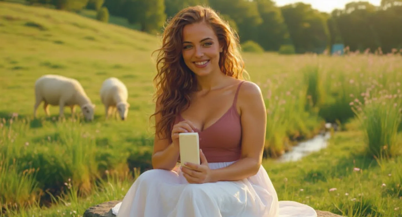Mia im weißen Kleid mit einem Stück Seife an einem Bach mit Schafen (virtuelle KI-Persona)